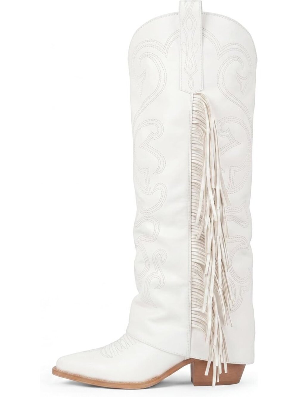 Women's White Knee High Embroidery Cowboy Boots Cowgirl Fold Over Fringe Boots - Picture 1 of 6